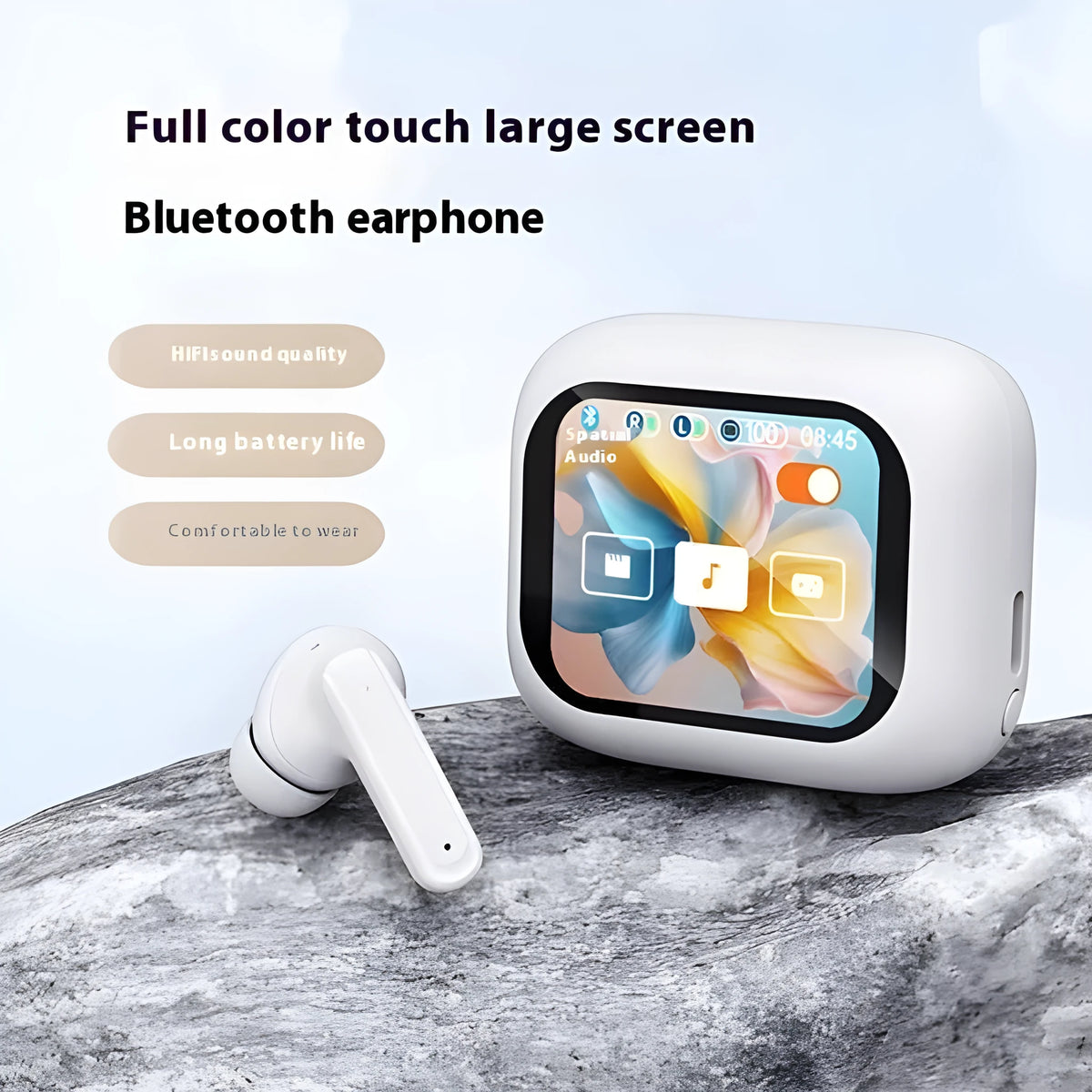 Wireless Bluetooth in-ear headset with noise reduction, touch control and colour screen, black and white plastic design