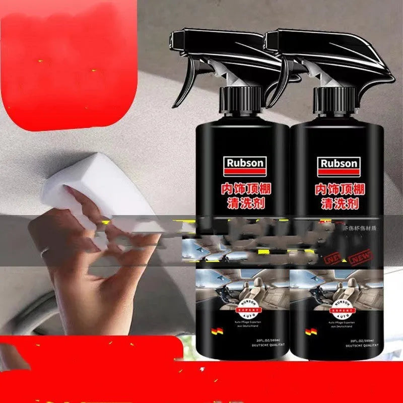 Bottle of enzyme-based fabric ceiling cleaner with towel and sponge wipes on a car roof