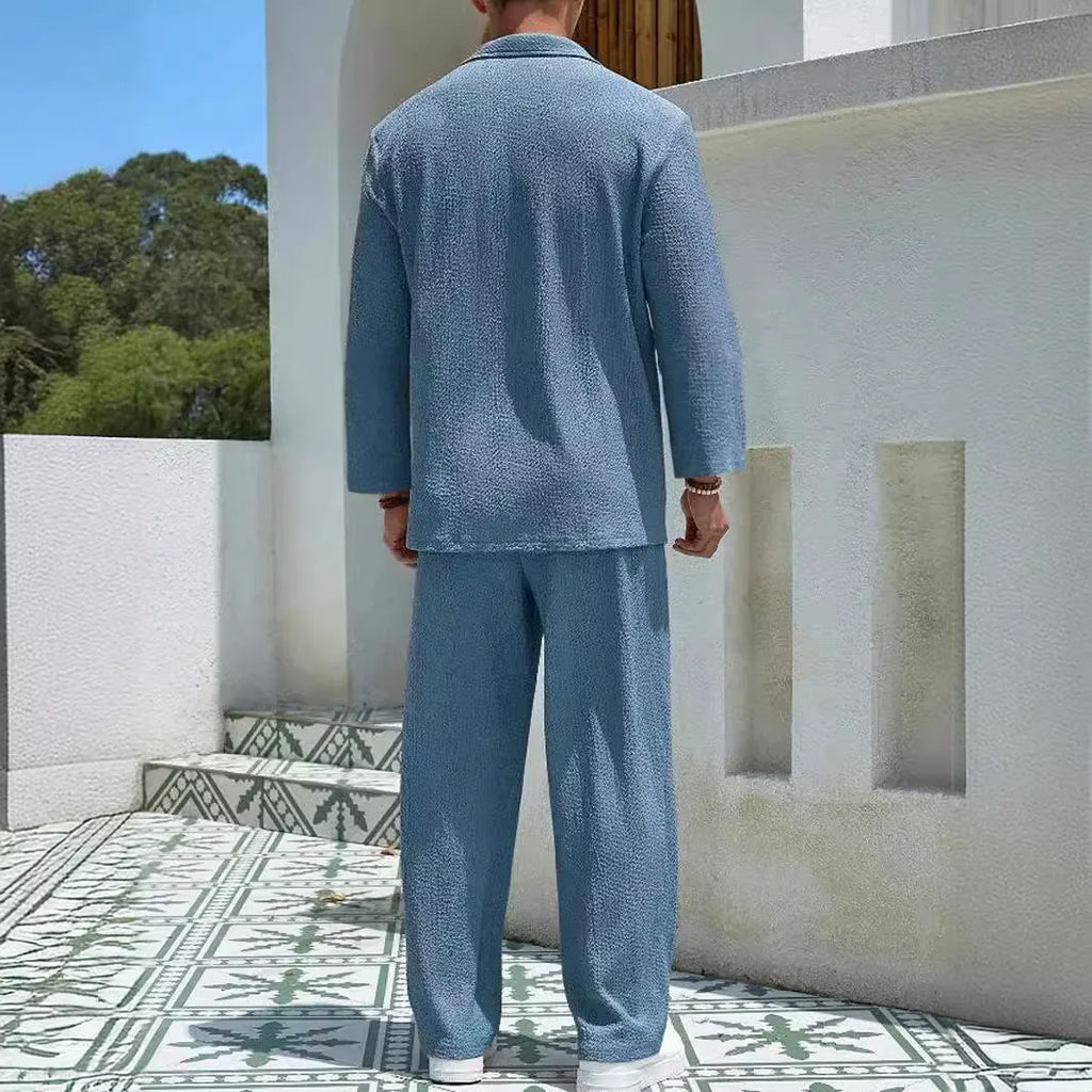 Men's casual shirt trousers commuter suit in lake blue, khaki, black, or caramel colours, sizes M to 3XL, for autumn leisure wear