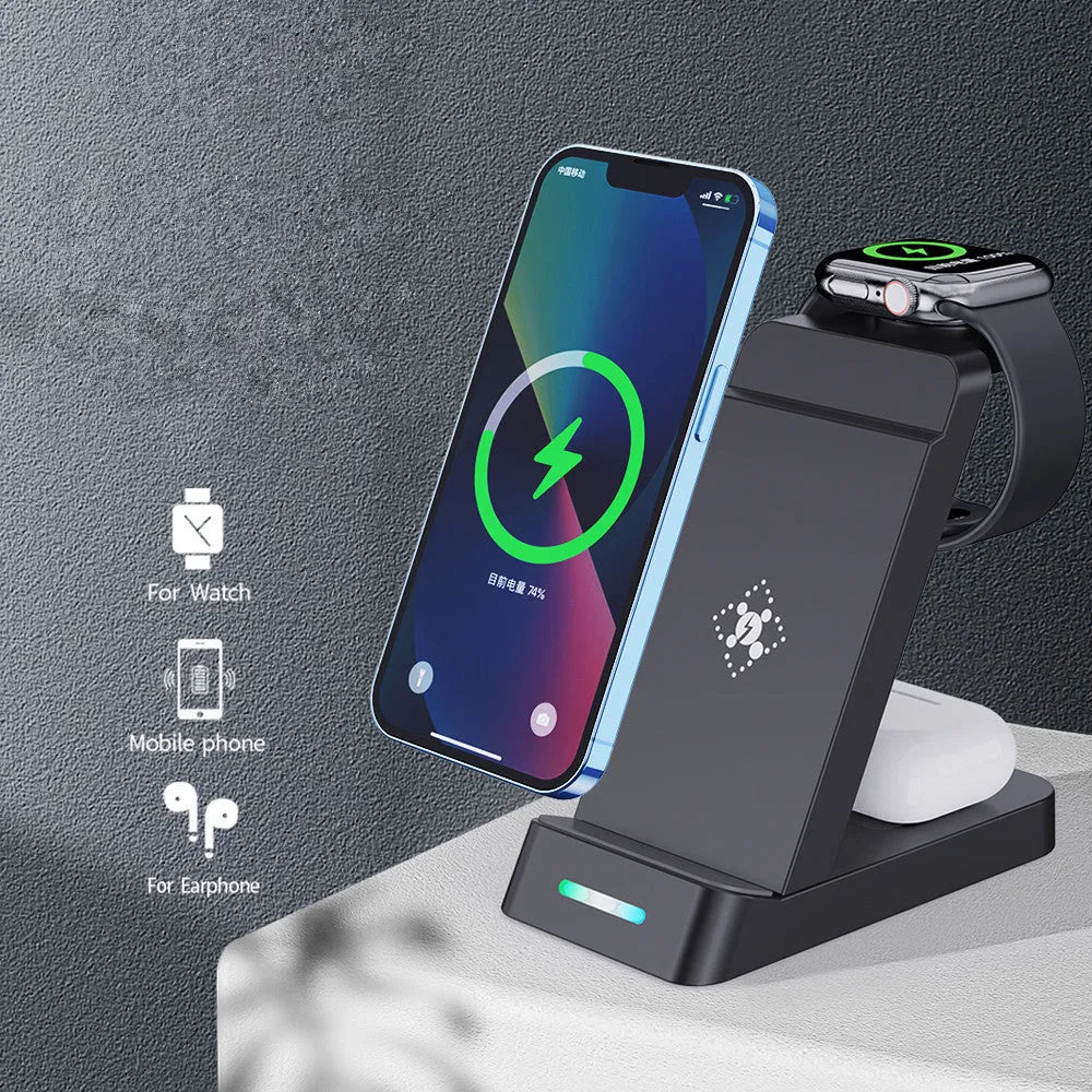 Black wireless charging station with phone, AirPods, and iWatch charging simultaneously on angled stand
