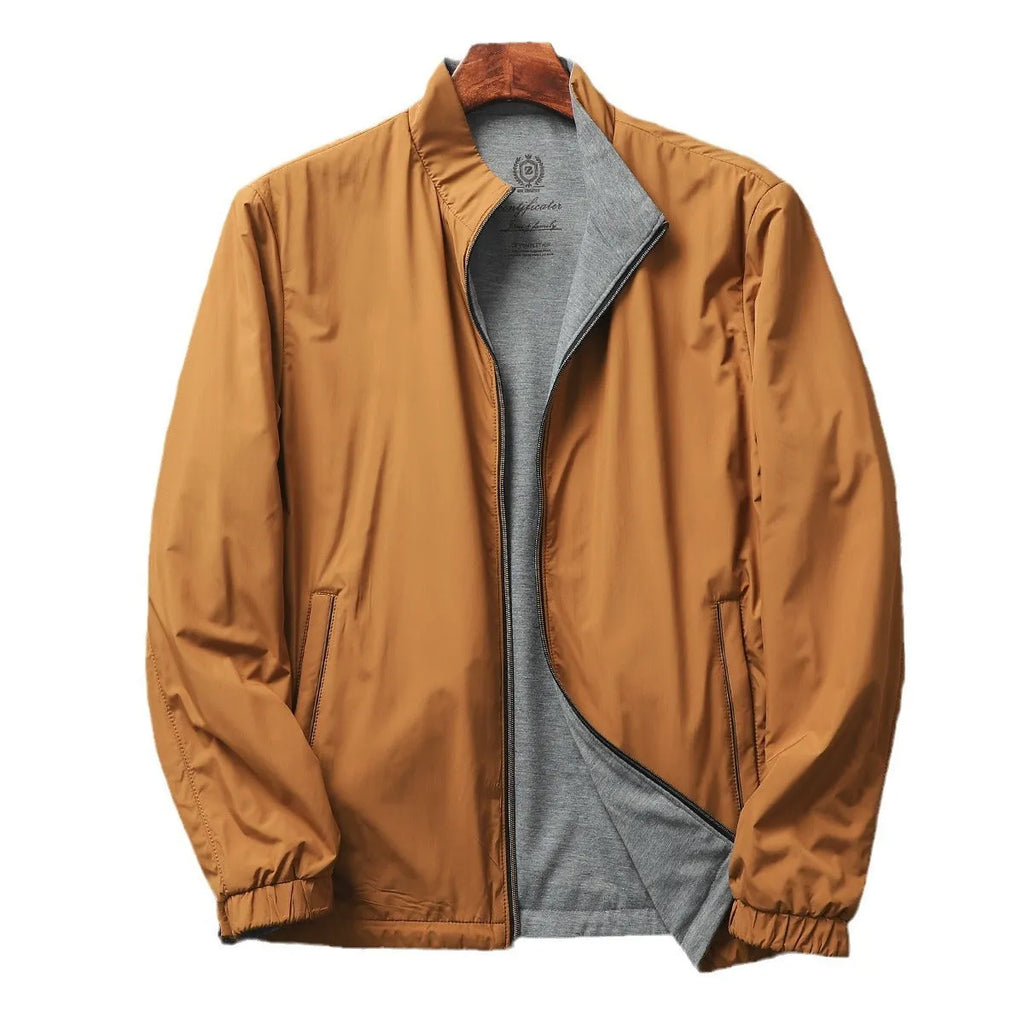 Men's Army Green stand collar casual jacket on a hanger, showing button front and regular sleeve cut.