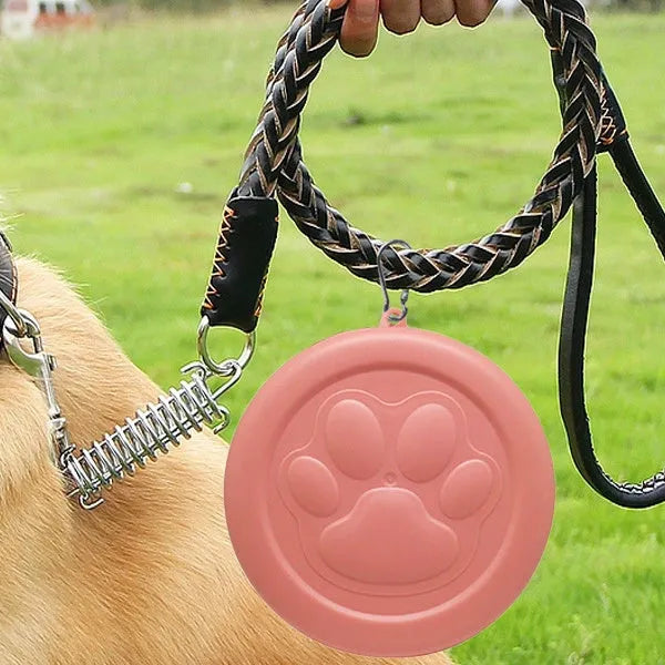 Collapsible silicone dog bowl showing expanded and collapsed states with separate snack compartment and carabiner clip