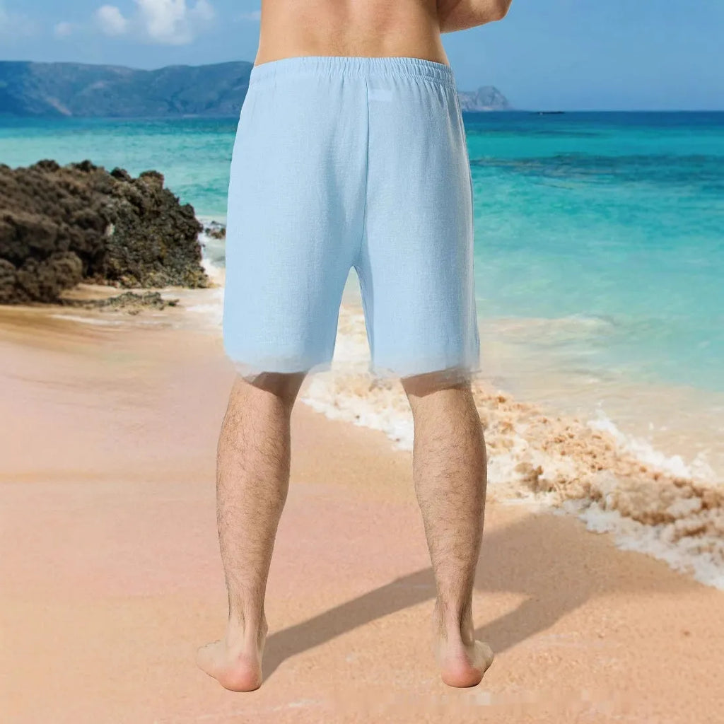 Men's blue colour block digital print casual shorts with loose fit and drawstring waist.