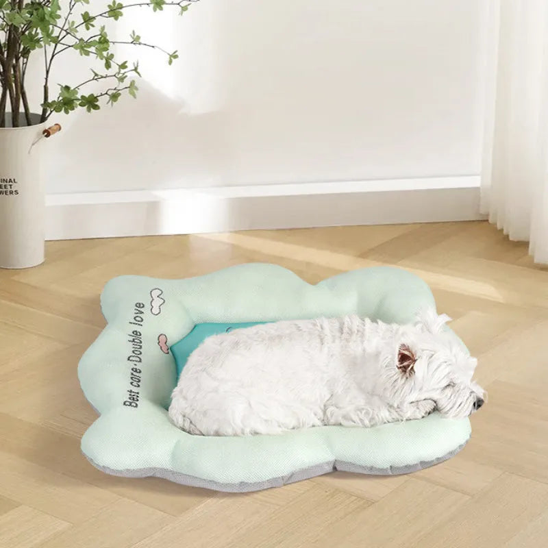 Green pet cooling mat for dogs and cats on floor, showing size options and ice silk gel technology