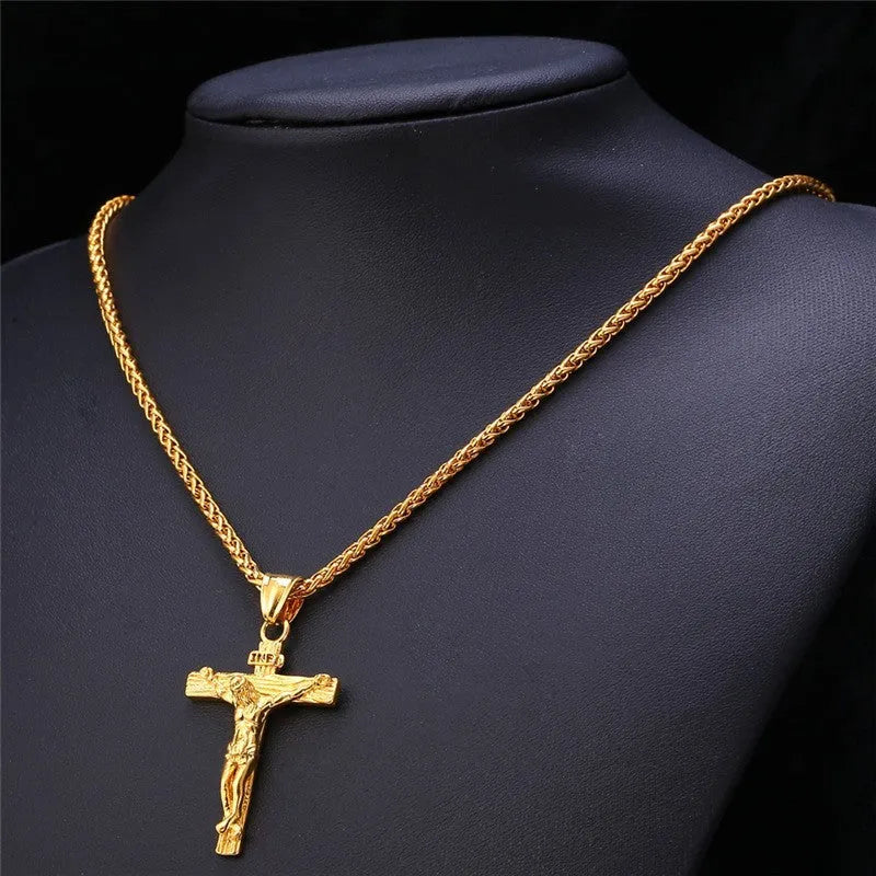 Unisex 60cm keel chain necklace with alloy cross or flower basket pendant in silver or gold
