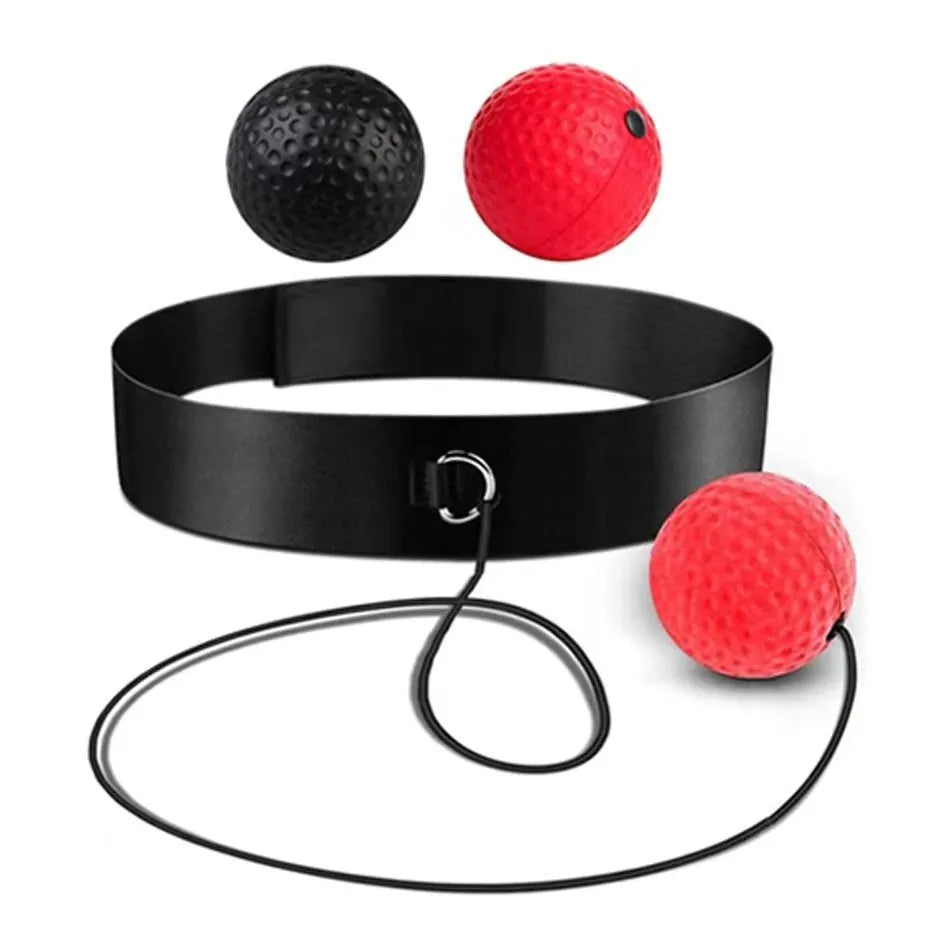 Head-mounted boxing reaction ball set showing multiple coloured PU balls, a rubber ball, and two headband options.