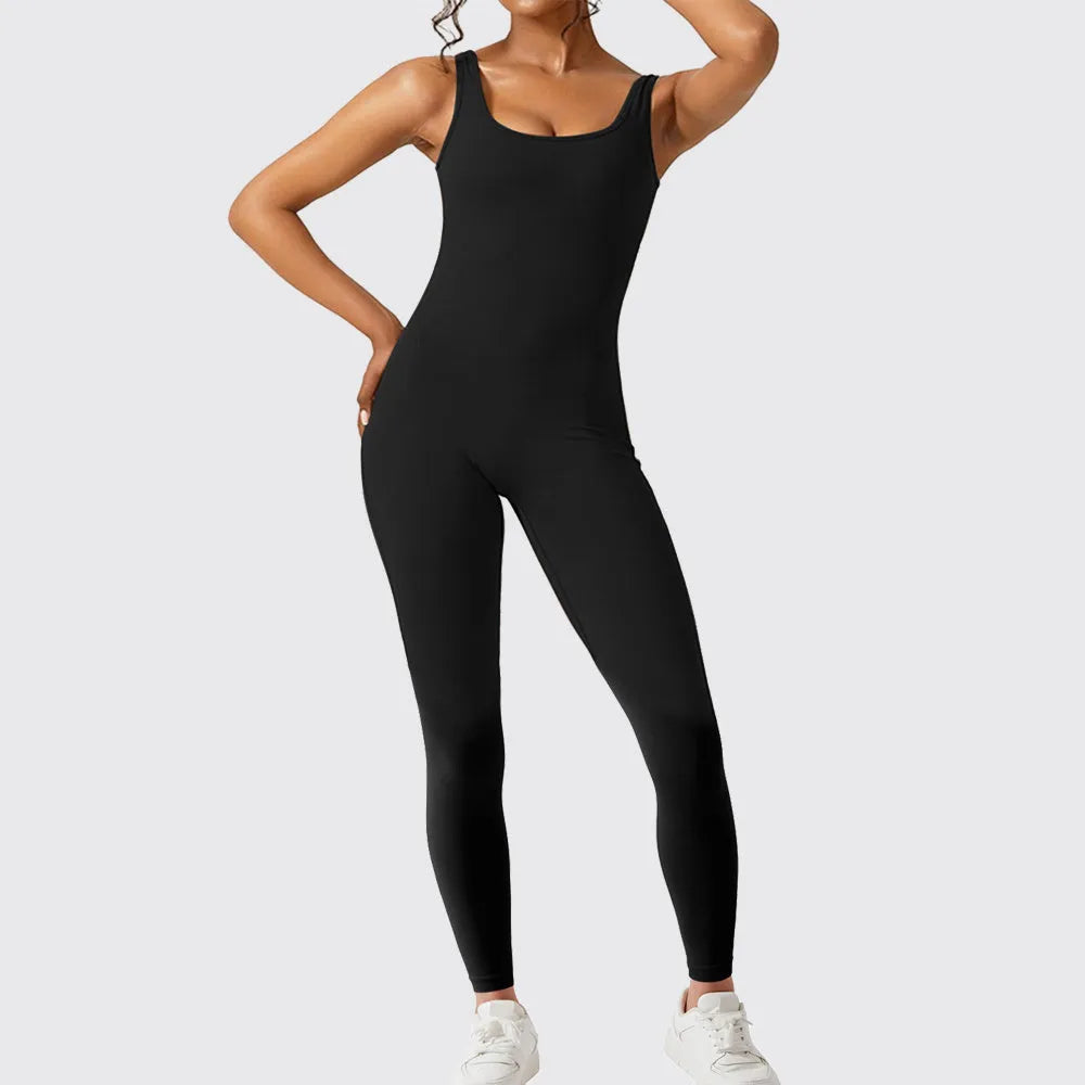 Women's sleeveless flare jumpsuit in high elasticity polyester for yoga, available in multiple colours and sizes.