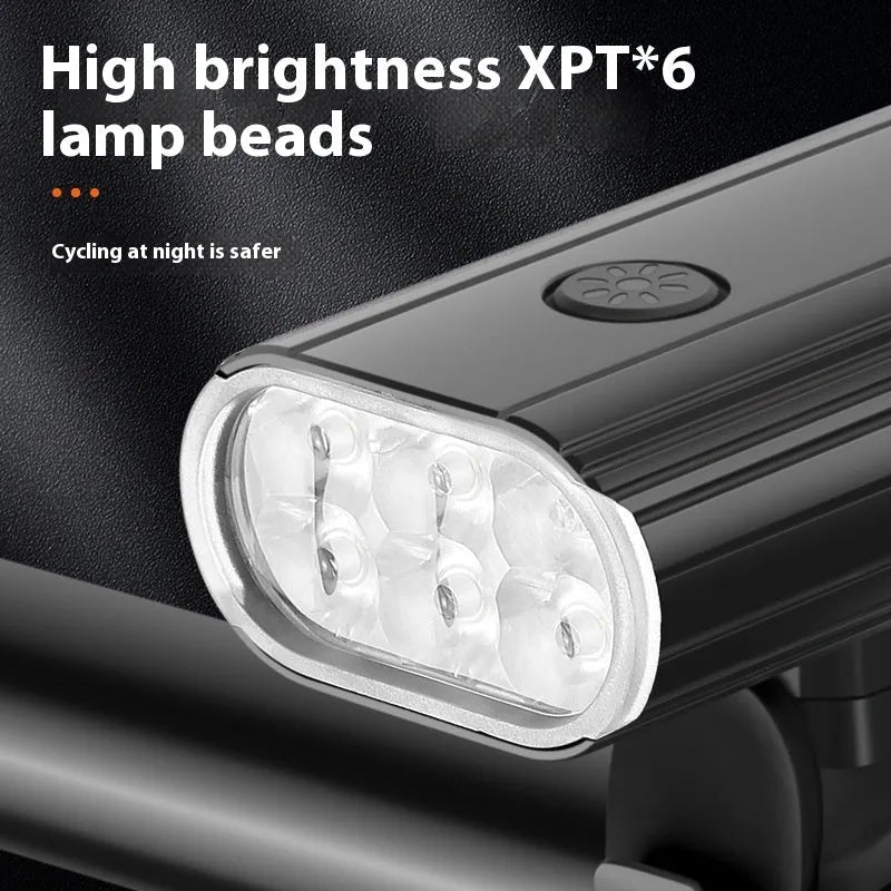 Aluminium alloy bicycle headlight showing front lens with six XPT beads and a USB Type-C charging port on the side.