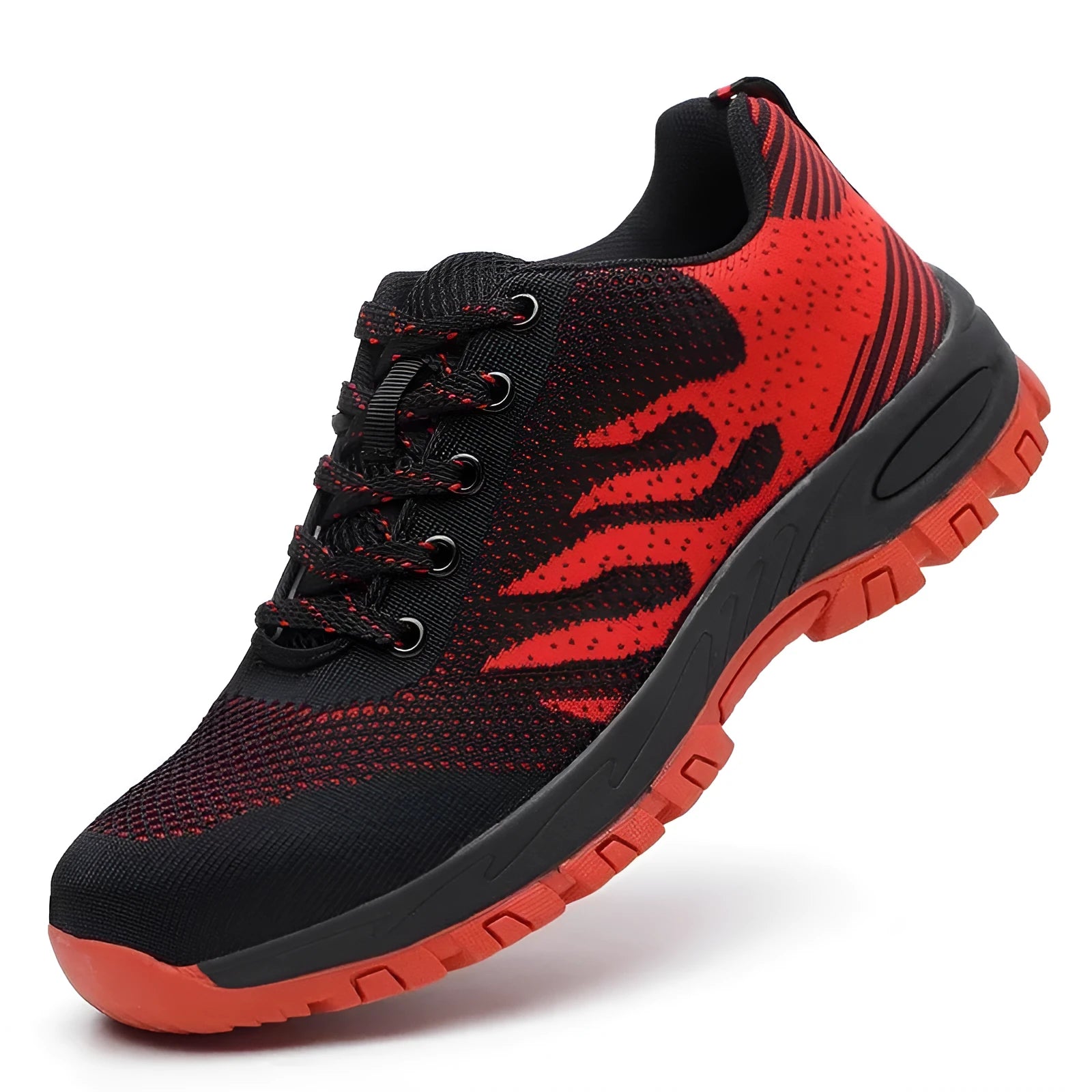 Red low-top safety shoe with a steel toe cap and breathable mesh upper on a non-slip sole.