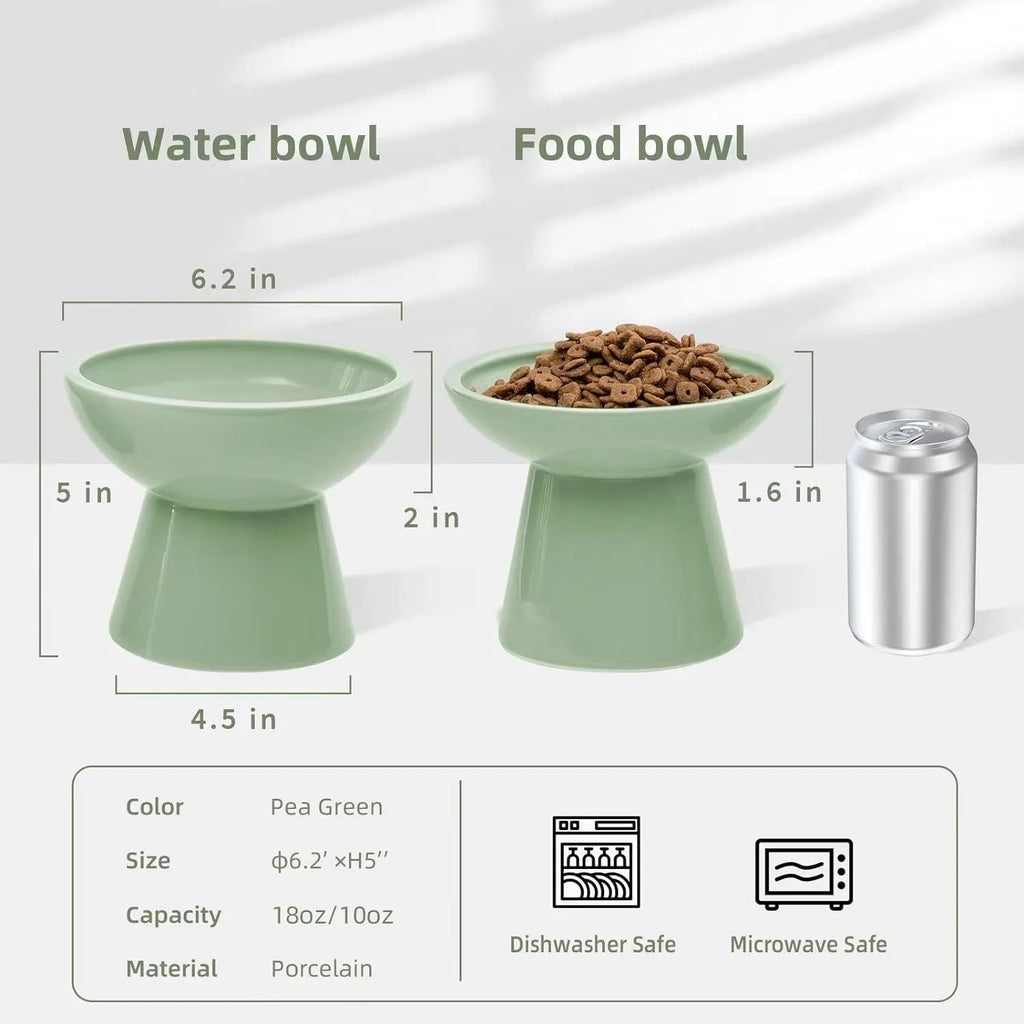 Elevated ceramic cat food and water bowl set with wide 16cm shallow dish design in various colours
