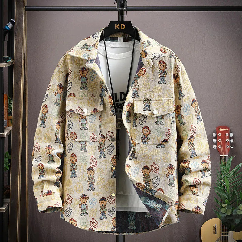 Personality casual lapel shirt coat in colour 526 black with long sleeves and straight hem, size 2XL for 70.00-77.50 kg