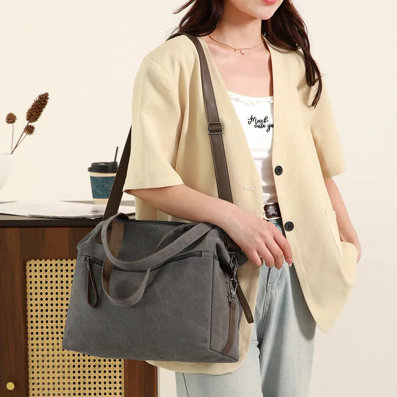 Large capacity retro canvas shoulder bag for women with internal organisation compartments