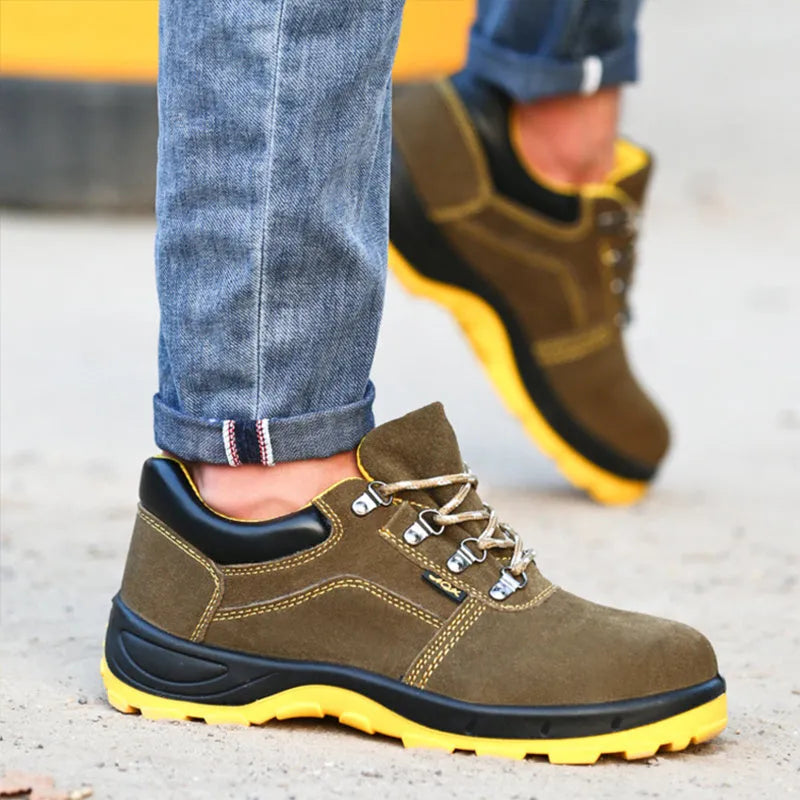Bronze unisex safety shoes with steel toe caps and anti-skid soles for workplace protection