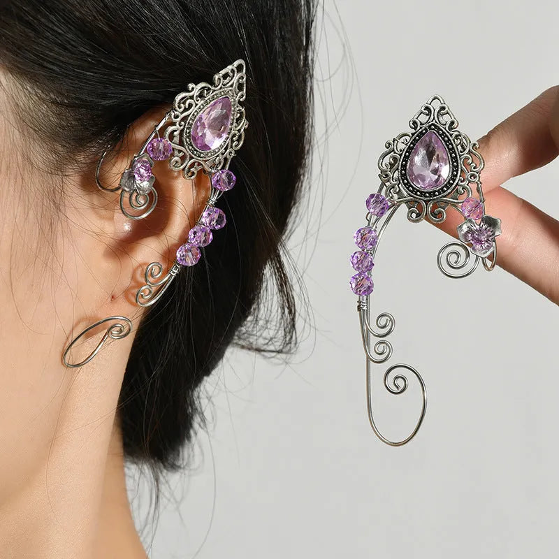 Hand-woven purple crystal clip-on earrings in a right and left pair with mixed material vintage design