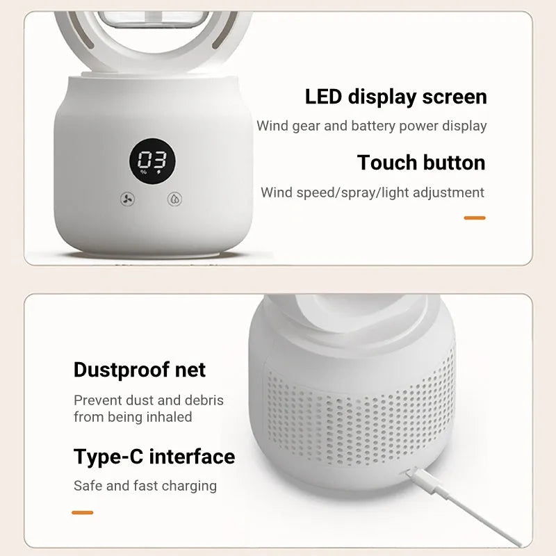 White bladeless USB rechargeable table fan with humidifier tank and control display