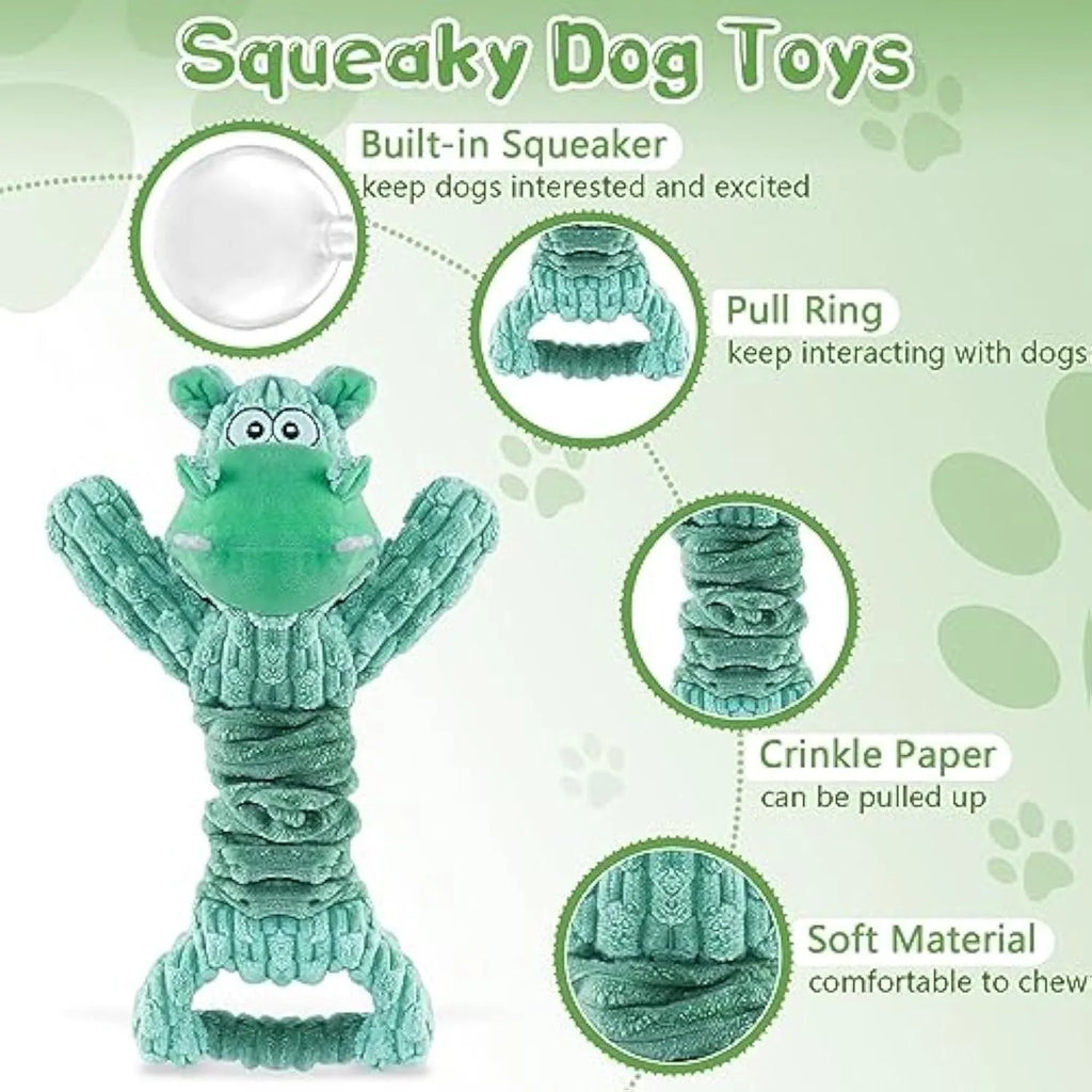 Large plush dog toy with squeaker and crinkle paper, measuring 32cm by 20cm by 10cm, for tug-of-war play