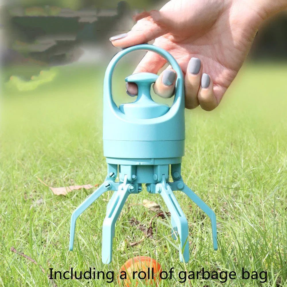 Blue plastic dog pooper scooper with claw mechanism and built-in bag dispenser