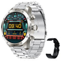 Display music playing Bluetooth calling smart watch in black steel with health monitoring features on wrist