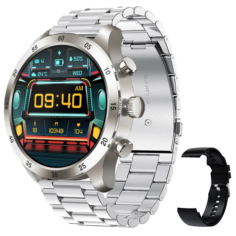 Display music playing Bluetooth calling smart watch in black steel with health monitoring features on wrist