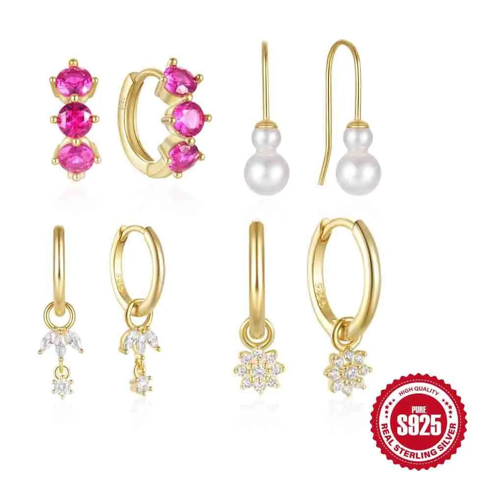 S925 sterling silver sunflower earrings with geometric shape and inlaid zircon stones in golden-three diamonds colour