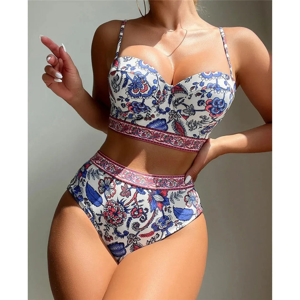 Blue women's high waist push-up bikini swimsuit with polyester fabric for swimming activities