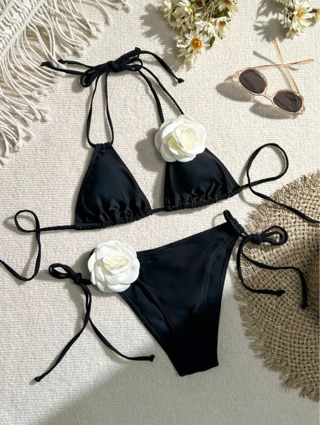 Black three-dimensional flower lace bikini with backless briefs and split design