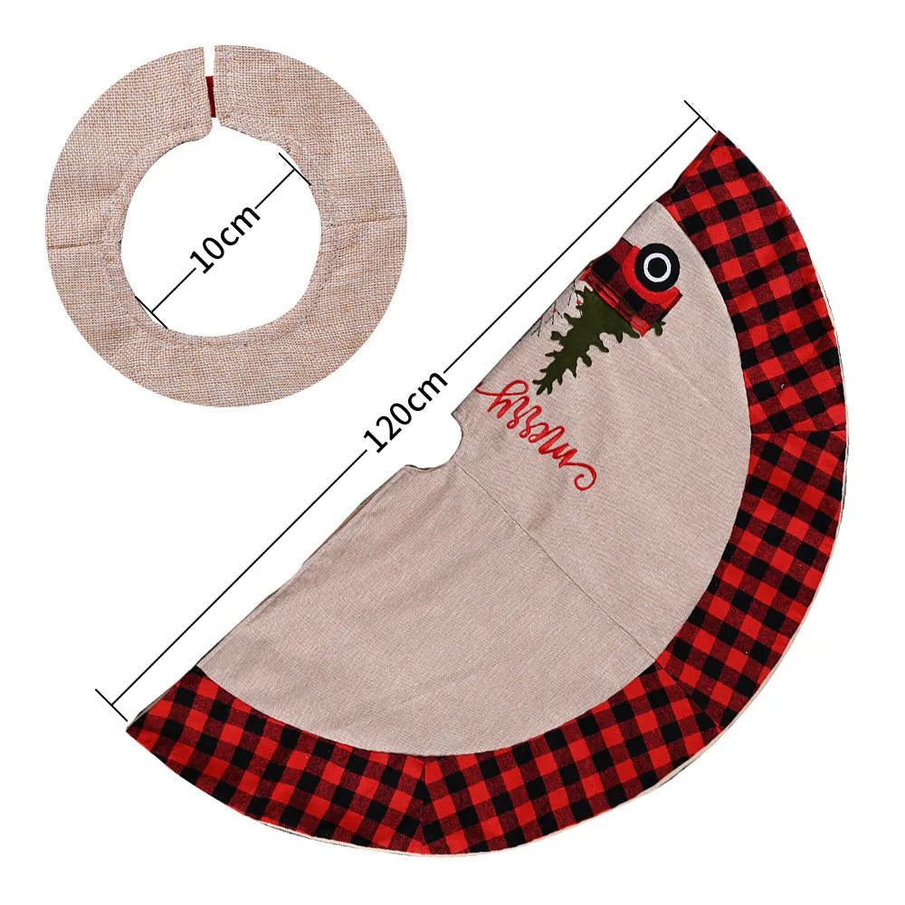 120cm diameter imitated linen cloth Christmas tree skirt with Car Christmas Tree design, showing mechanical stitching