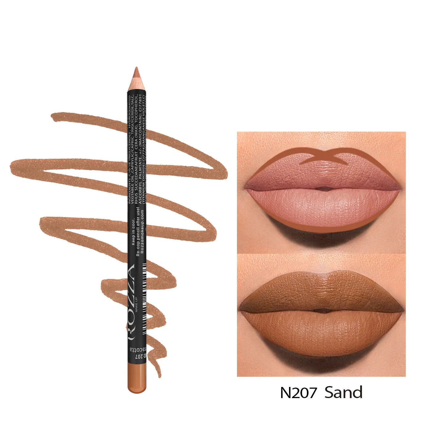A wood-cased matte lip liner pencil shown with 14 colour shade options from 201 to 214.