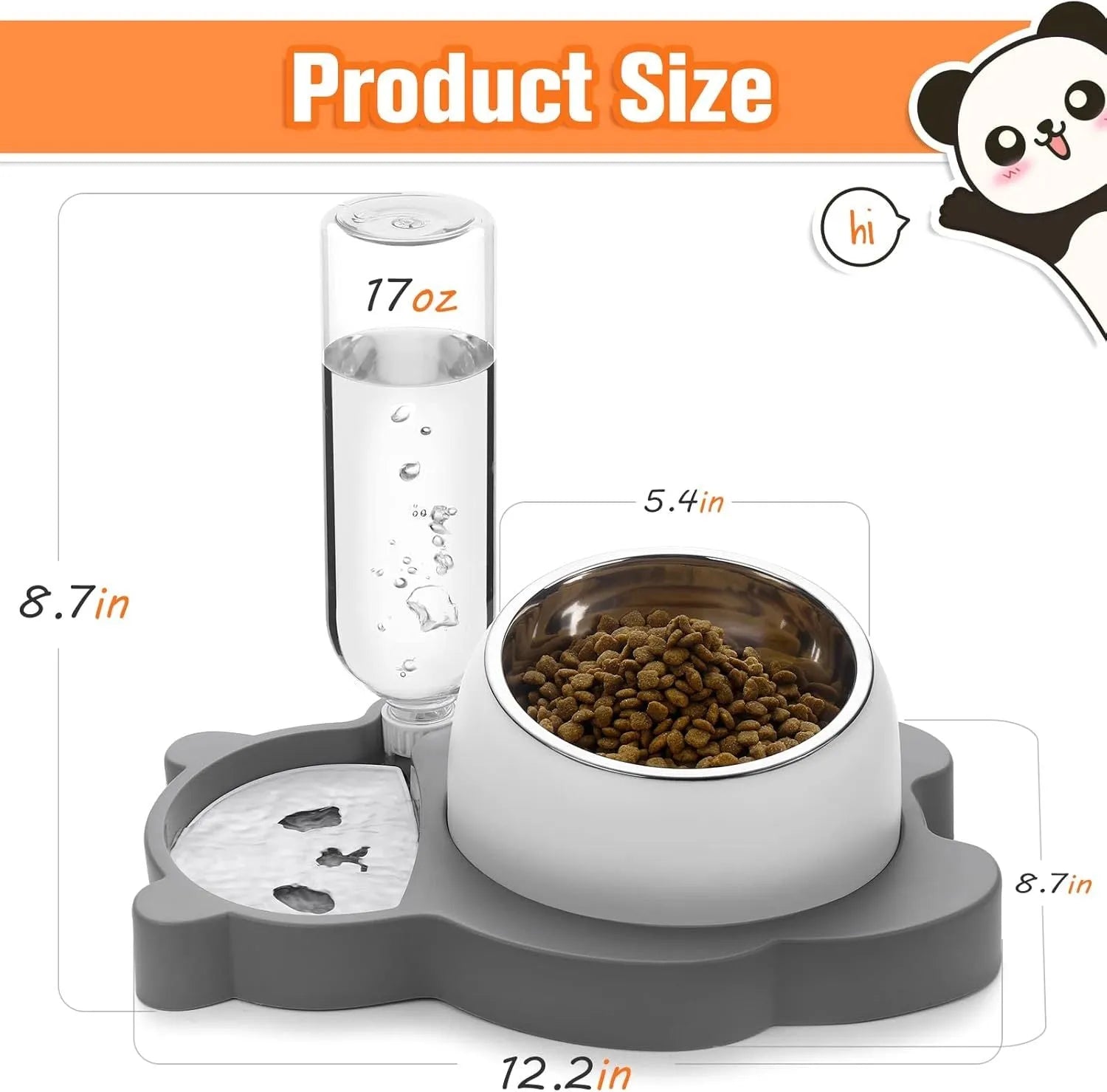 Elevated pet bowls set in panda shape with 15° tilt and automatic water dispenser for cats and small dogs