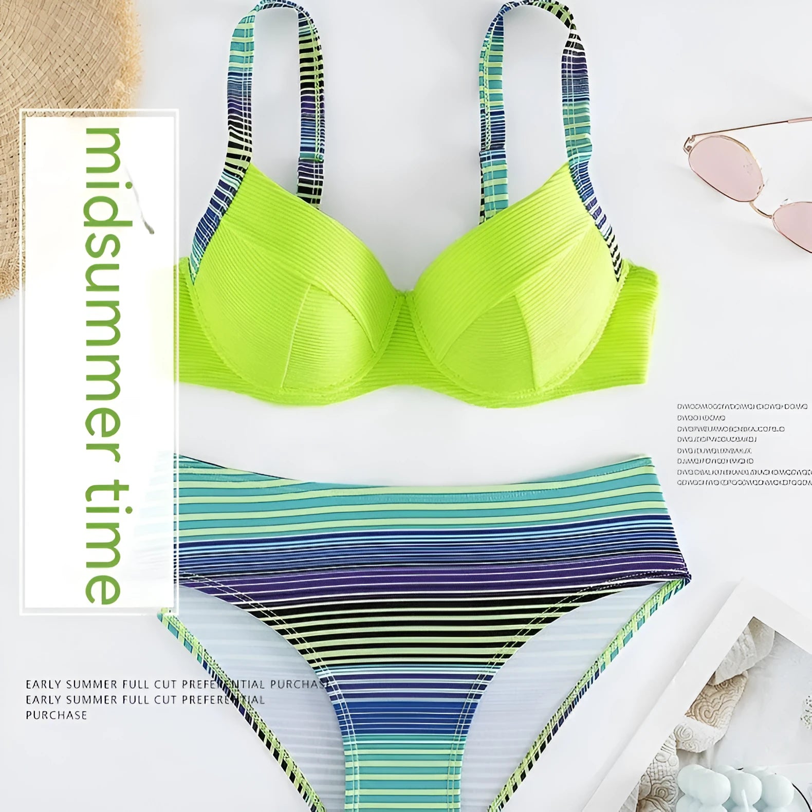 Green printed halter bikini set for women on a white background.