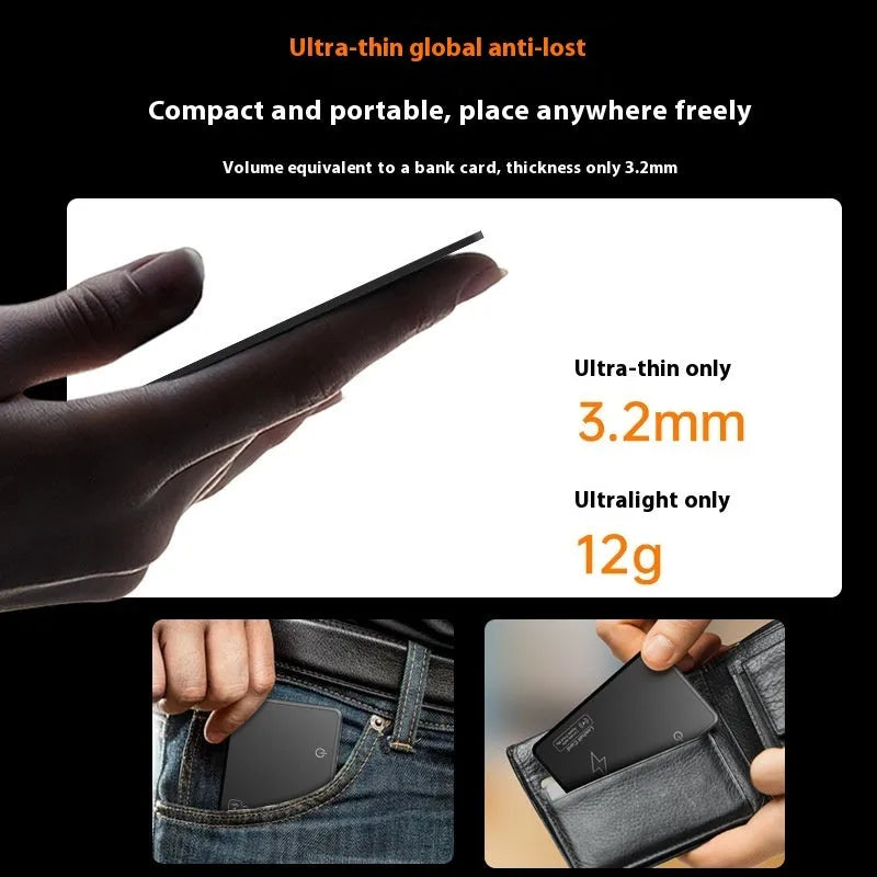 Black wireless rechargeable GPS tracker card compatible with Android and Apple Findmy AirTag
