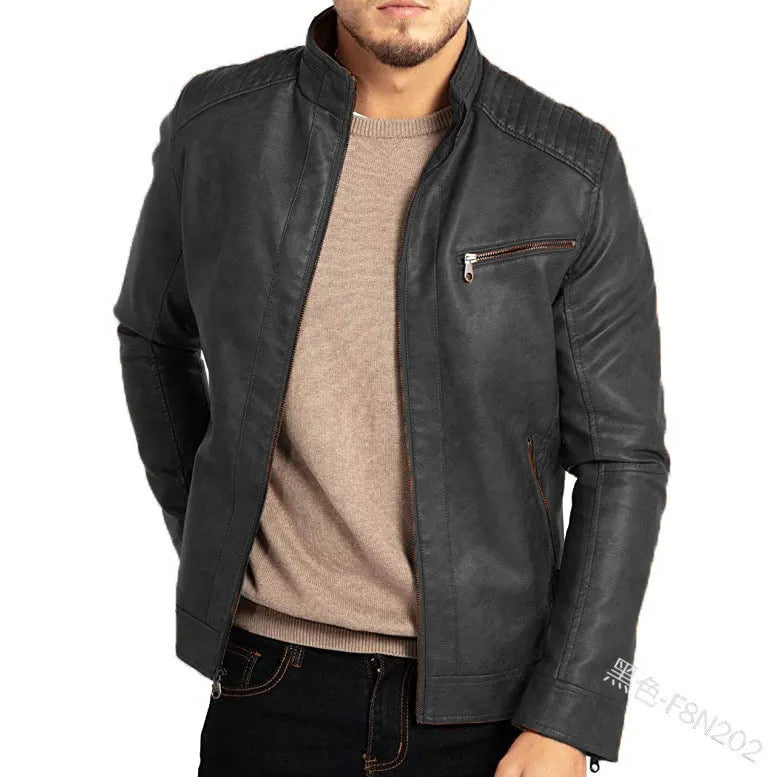 Men's artificial leather motorcycle jacket with stand collar and straight hem design in Army Green colour