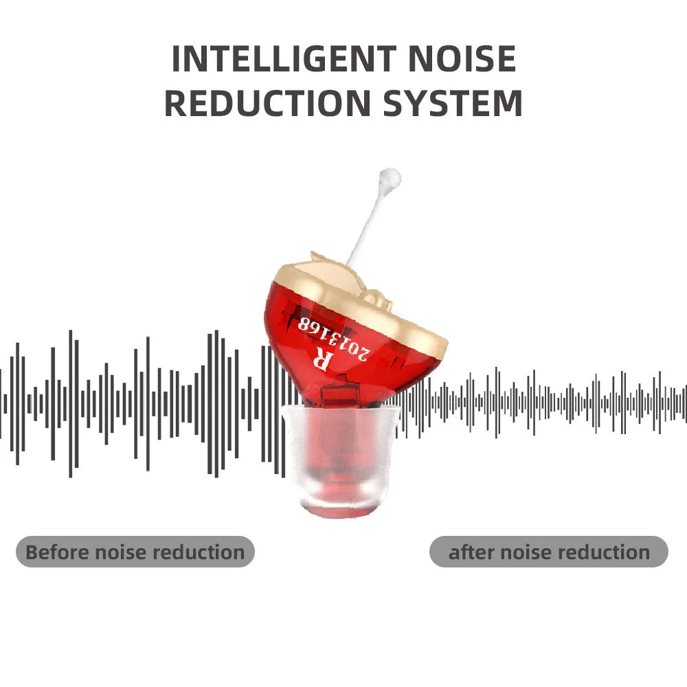Q10 CIC hearing aids in red and blue colours with mini wireless design measuring 1.8cm x 1.2cm