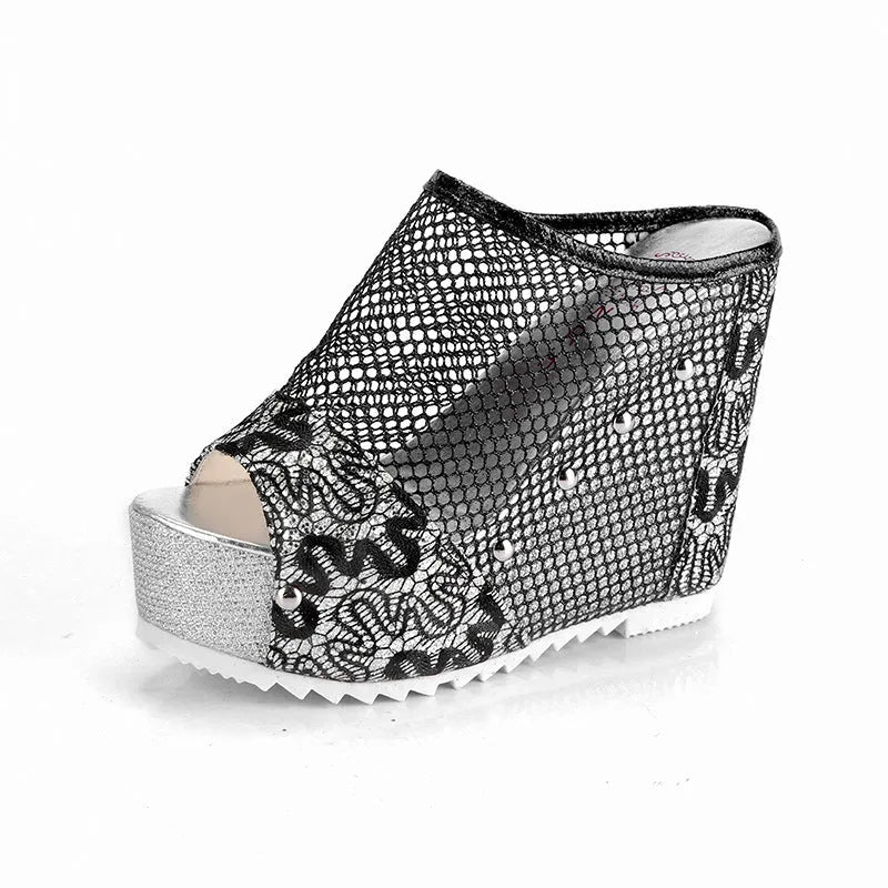 Hollowed-out heel chunky platform sandals in black, gold, or silver with mesh upper and viscose sole