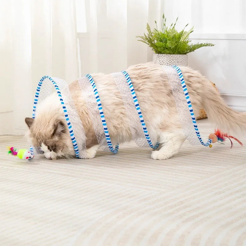 Blue or yellow collapsible cat tunnel with 95cm extendable teasing stick featuring feather attachment