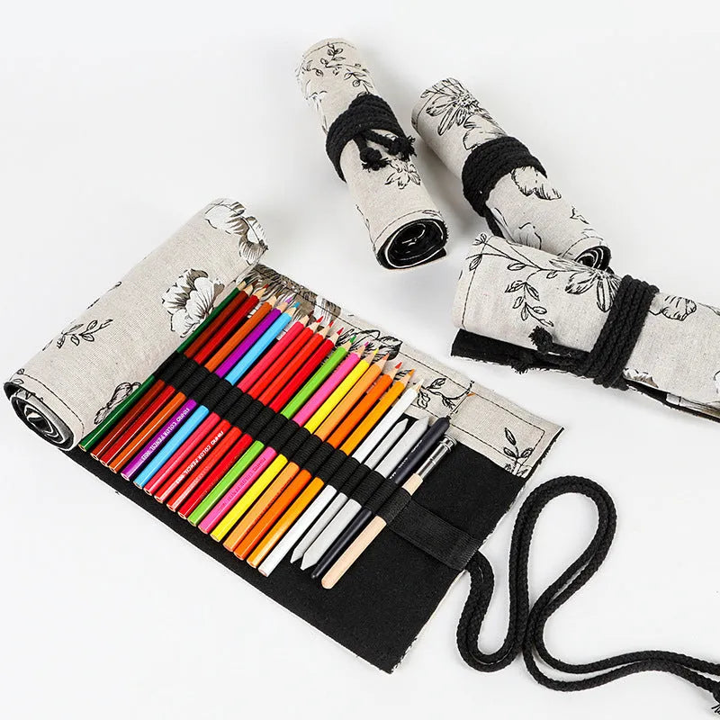 Black Peony printed cotton hemp canvas pencil roll bag showing 24-hole and 72-hole storage options