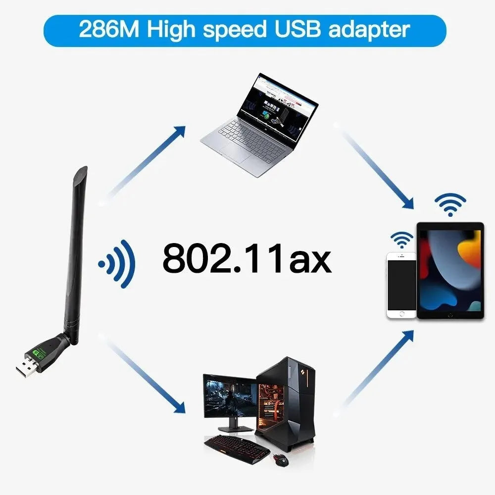 Black USB WiFi6 wireless network card with compact design for driver-free computer connectivity