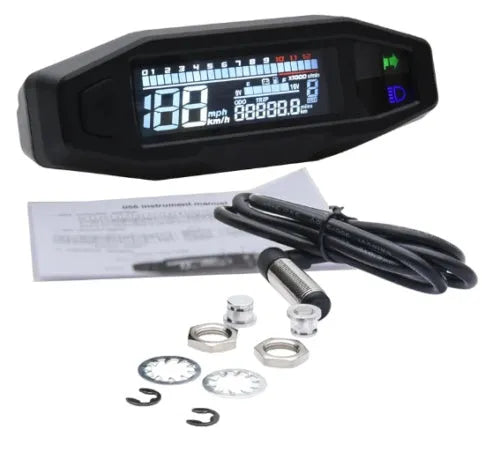 Black motorcycle mini speedometer with LCD display, adjustable oil gauge, and dimensions 141x45mm