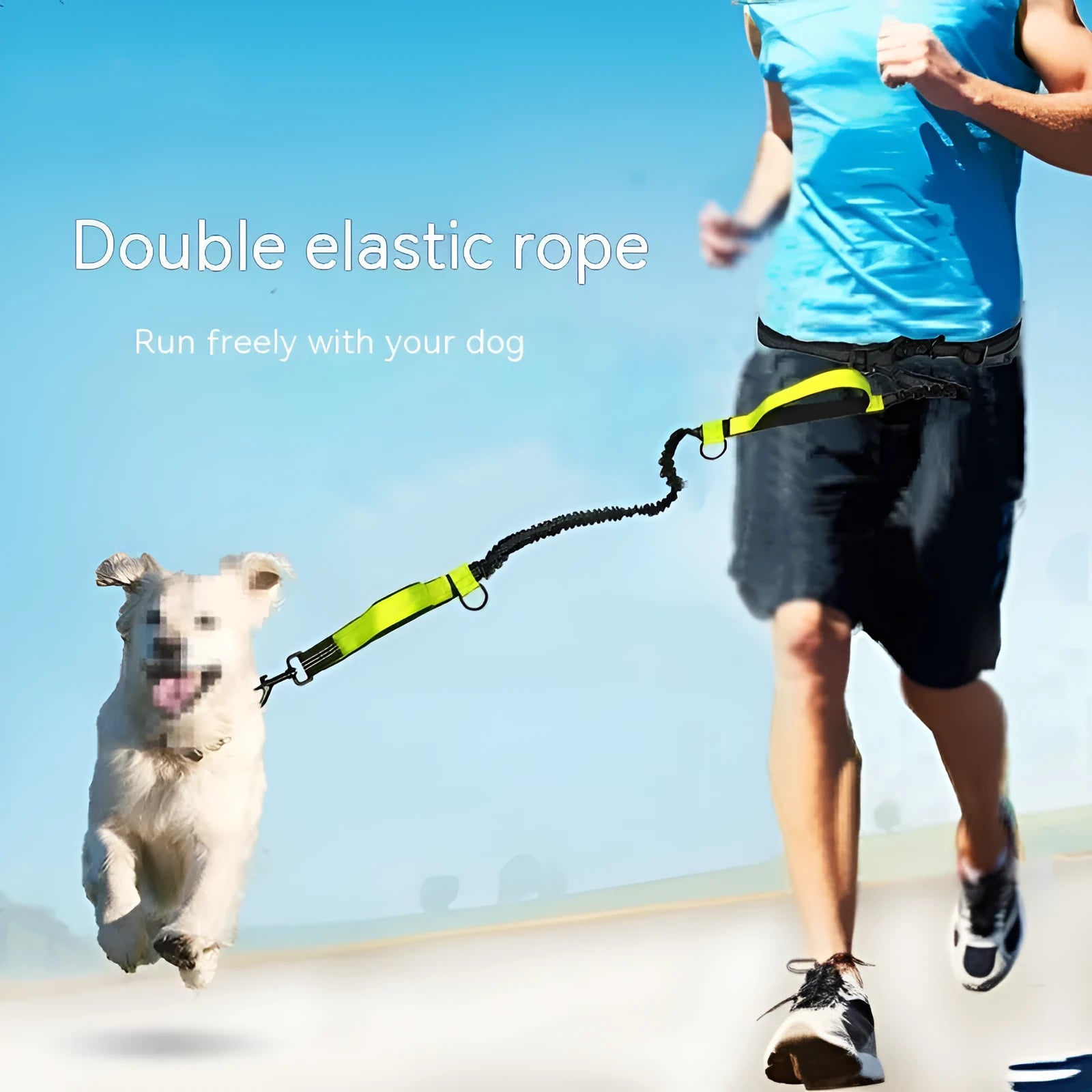 Multifunctional pet traction rope leash in fluorescent green colour with adjustable waist belt and retractable running belt components