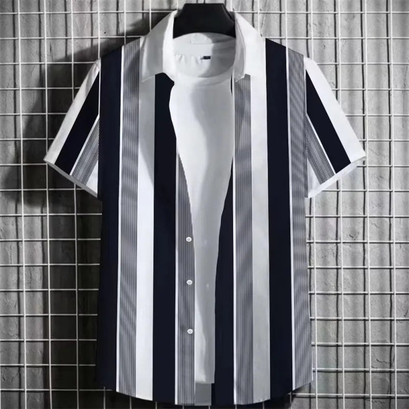 Men's linen short sleeve t-shirt with a simple striped 3D printed graphic on the front.