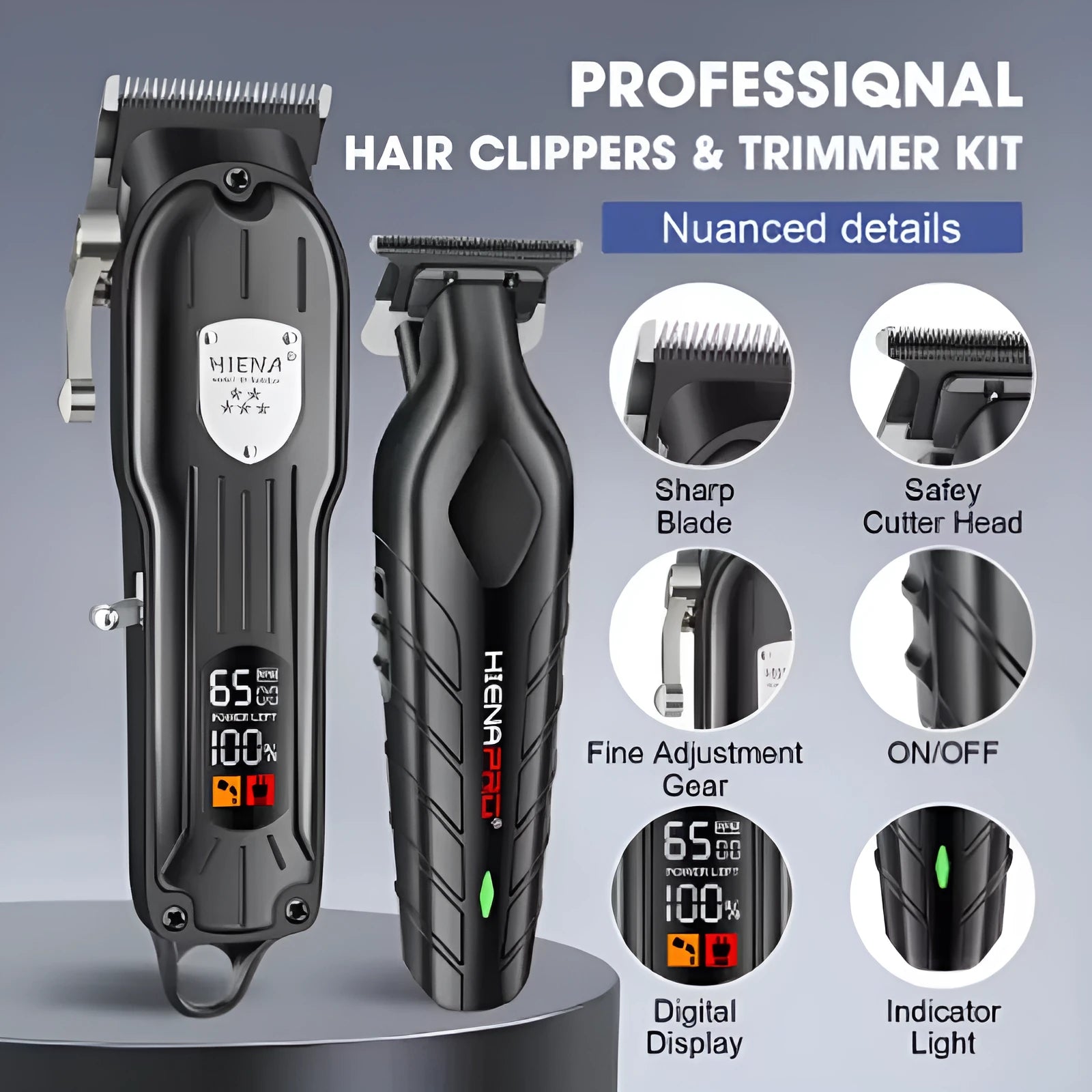 Black professional hair clipper set with foil shaver and USB charging cable on a grey background.