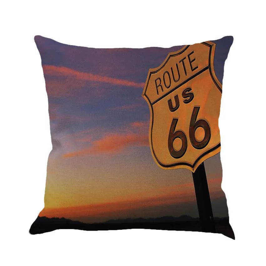 Square linen blend cushion cover with scenic landscape pattern, shown in one of six available colours