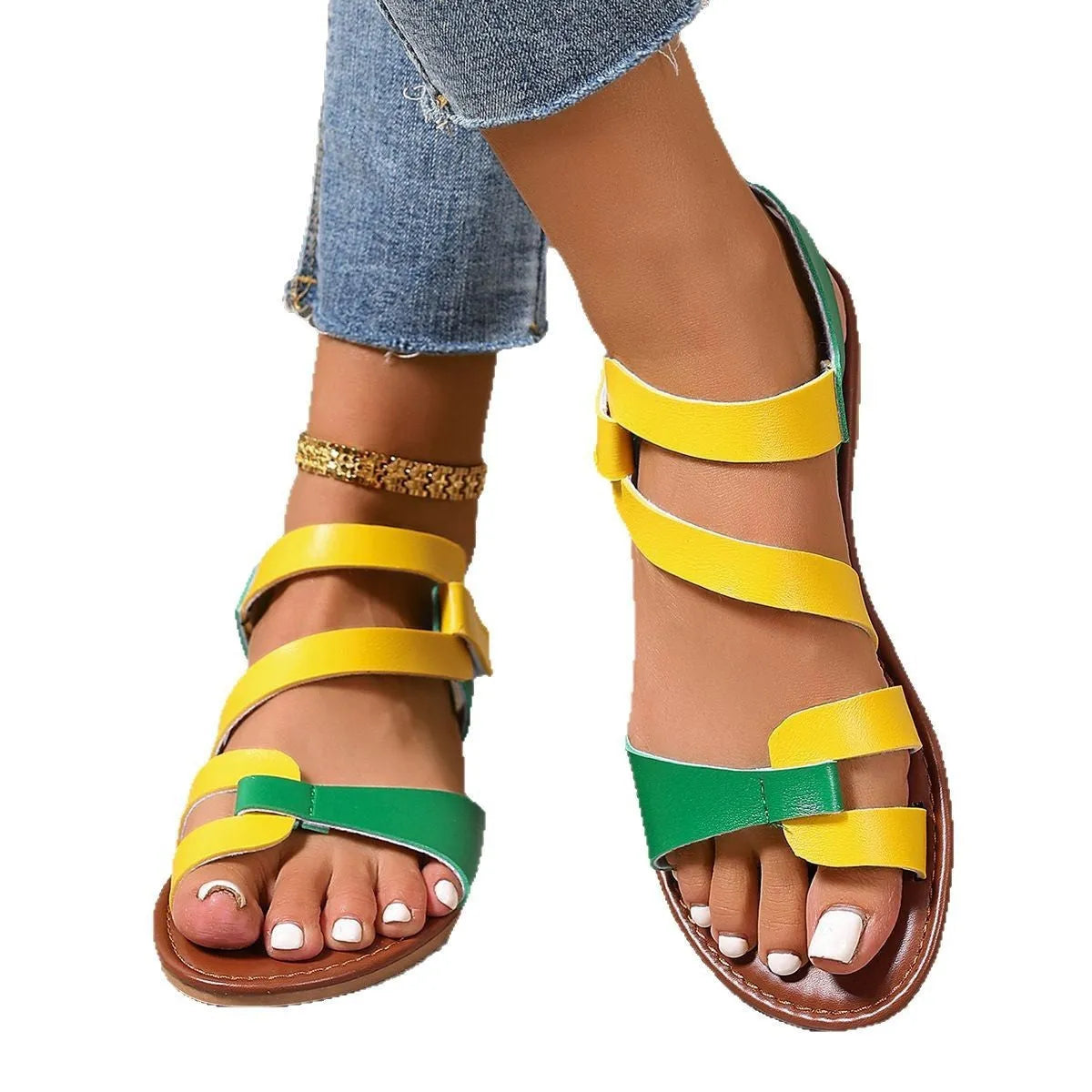 Women's black flat sandals with a round toe and a velcro strap fastening.