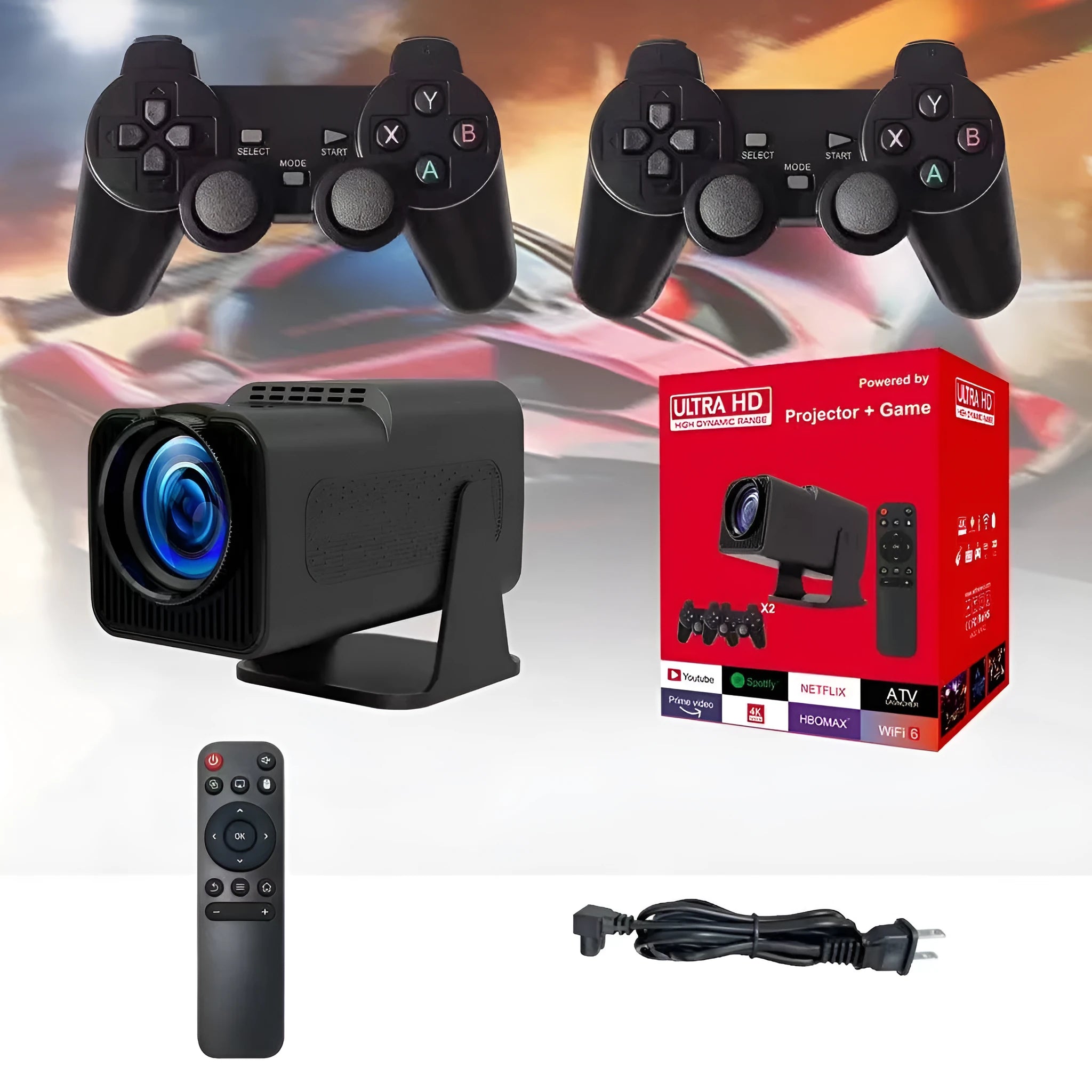 A wireless home gaming projector with a carry handle, showing a 720p HD display on a wall.