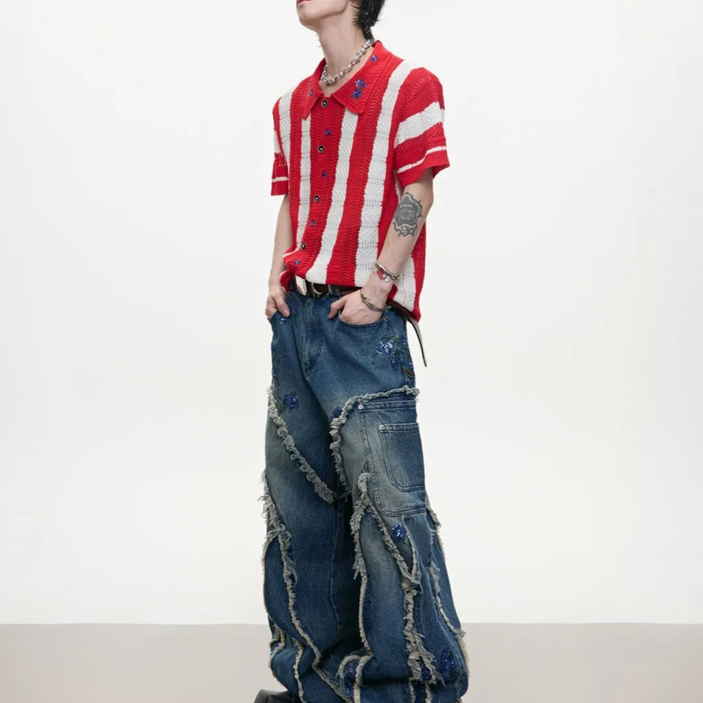 Men's black and red patchwork striped retro knit short sleeved shirt with loose fit