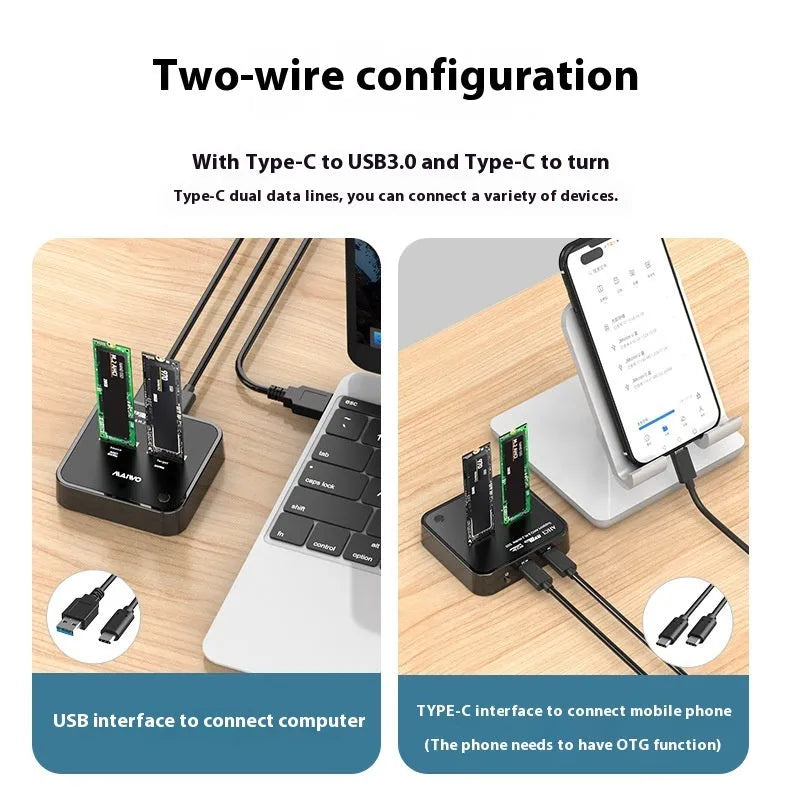 MAIWO K3016 M2 solid state hard disk dock with cables and adapter for SATA and NVMe drive cloning