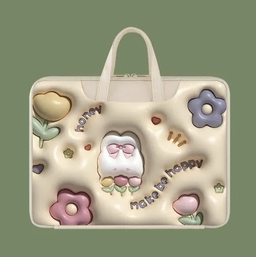 Inflatable laptop bag with hanging loop in PU leather showing cat beige design
