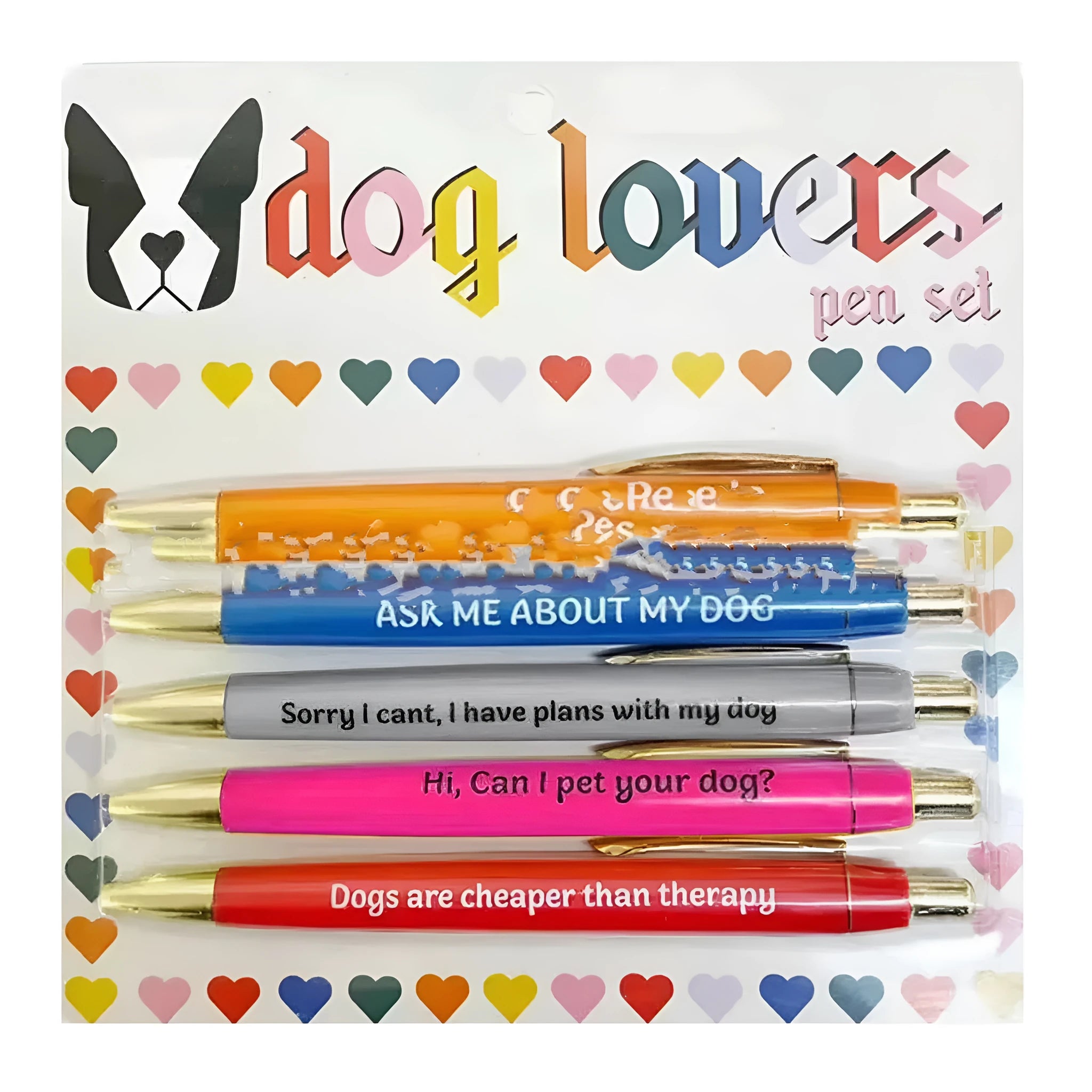 Set of five coloured push-action pens with cat and dog designs next to a beaded storage bag.