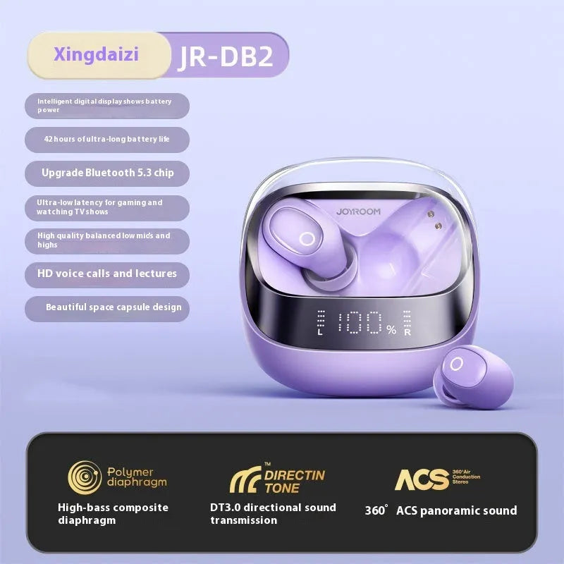 Wireless in-ear Bluetooth headset in charging case with USB cable, showing Dawn White and Starry Sky Black colour options