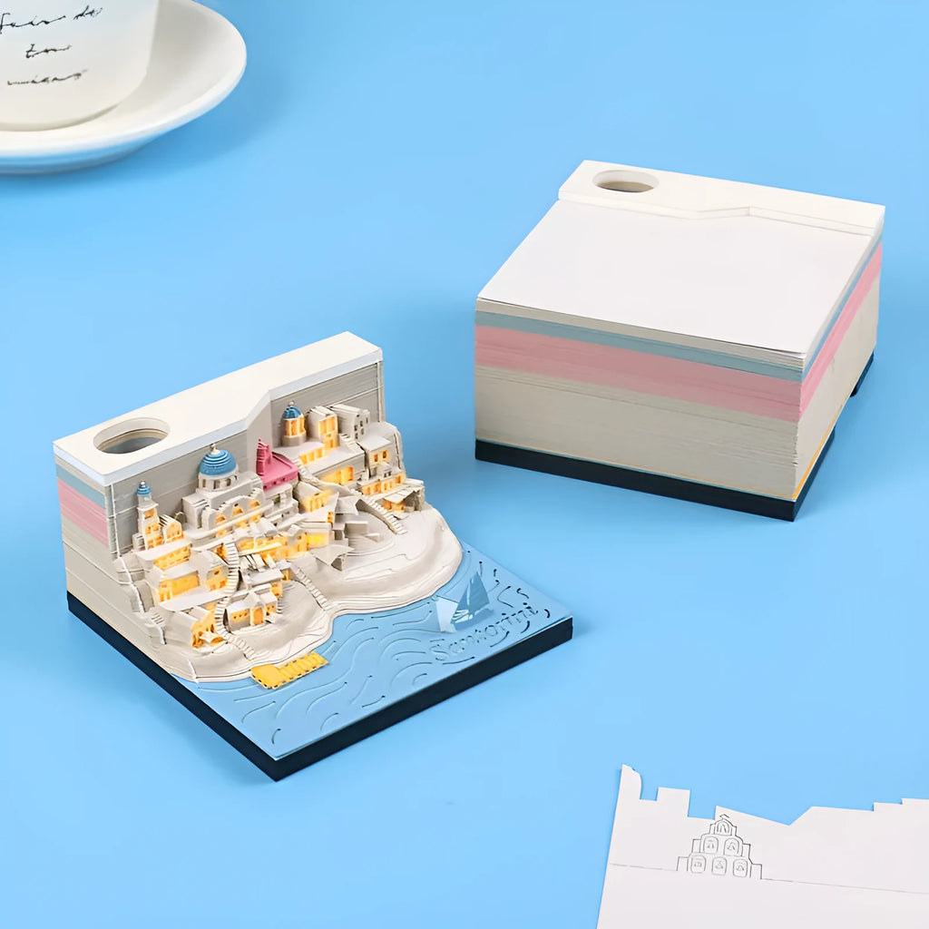 Santorini 3D paper carving building model notepad with LED lighting decoration showing beach scene construction